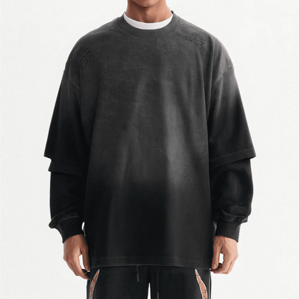 DeViou$ Unisex Washed Vintage Double-gauze Long-sleeve T-shirt